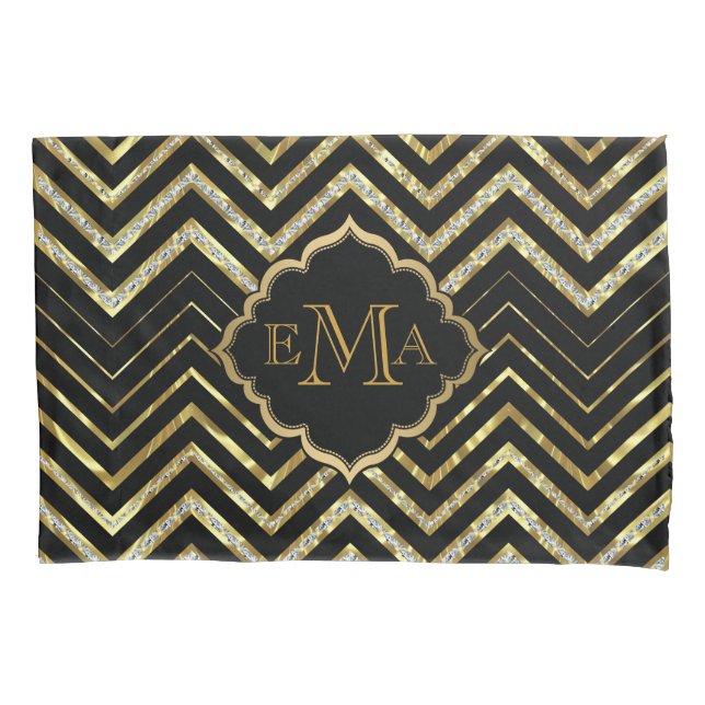 Housse D'oreillers Faux Gold & Parties scintillant Chevron Custom Bla (devant)