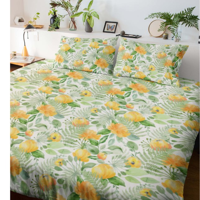 Housse D'oreillers Ferne à Imaginaire et citron à fleurs (Lemon yellow and fern green floral pattern pillowcases)