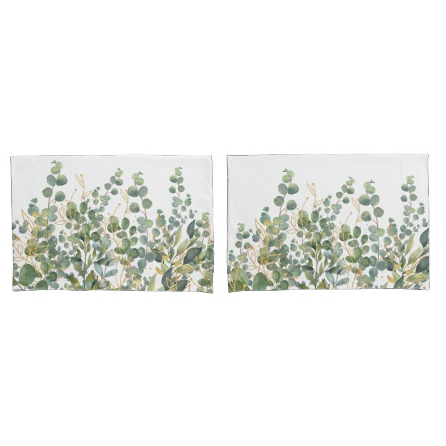 Housse D'oreillers Feuilles D'Eucalyptus Botanique Or Et Vert (devant-Set)