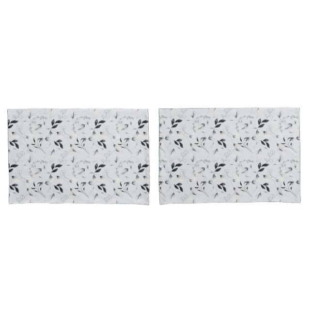 Housse D'oreillers Feuilles floraux gris argenté noir blanc (devant-Set)