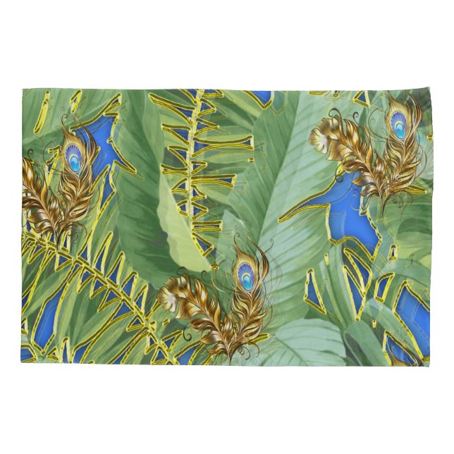 Housse D'oreillers Feuilles Golden Peacock sur Cerulean Blue (Dos)