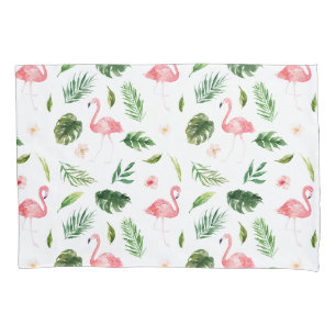 Housse D'oreillers Flamant rose aquarelle et Motif tropical vert
