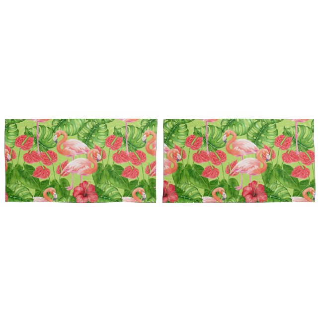 Housse D'oreillers Flamant rose et plantes tropicaux (devant-Set)