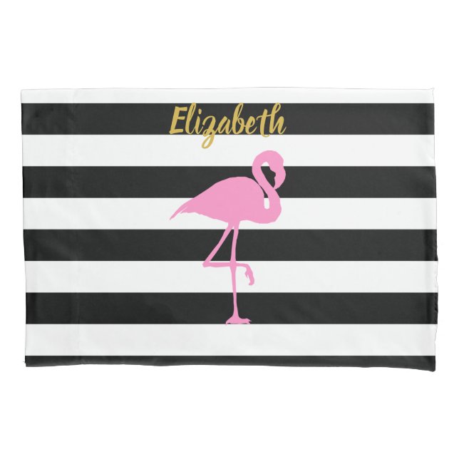 Housse D'oreillers Flamant rose rose Gold Script noir blanc rayures (devant)