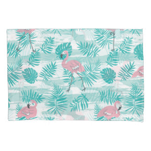 Housse D'oreillers flamants roses, feuilles de palmiers verts, tropic
