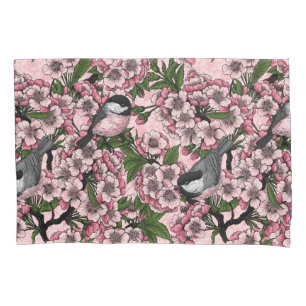 Housse D'oreillers Fleur de cerisiers et poulets roses