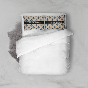 Housse D'oreillers Fleur de Lis, Bleu Marine sur Beige, Royal, Votre