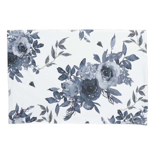 Housse D'oreillers Fleurs bleues de la Marine sur blanc (devant)
