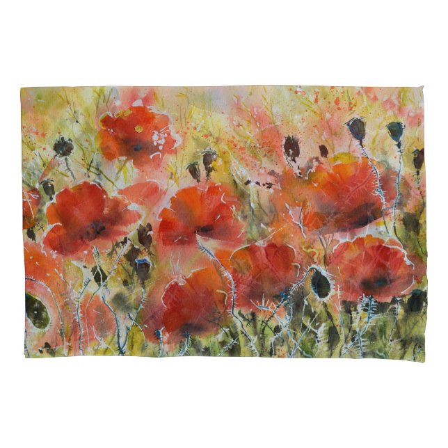 Housse D'oreillers Fleurs de pavot rouge, aquarelle douce. (devant)