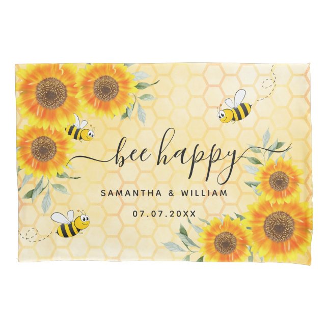 Housse D'oreillers Fleurs de soleil jaunes abeilles rustiques couple  (devant)