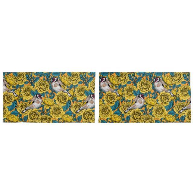 Housse D'oreillers Fleurs roses et oiseaux dorés (devant-Set)