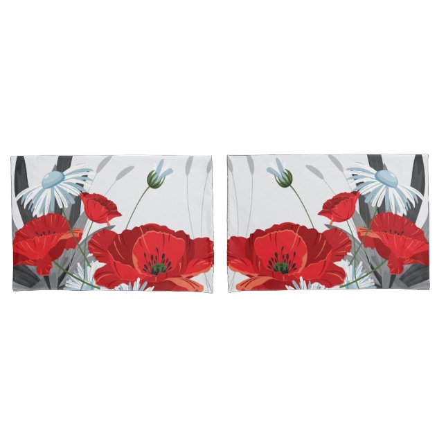 Housse D'oreillers Fleurs rouges et blanches Marguerites et pavots (devant-Set)