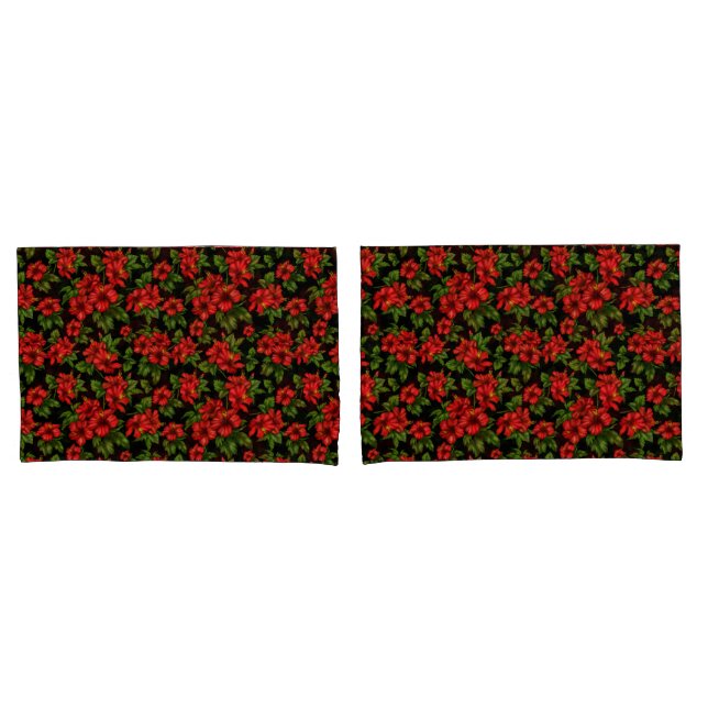 Housse D'oreillers Fleurs rouges sur l'arrière - plan noir (devant-Set)