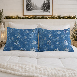 Housse D'oreillers Flocons de Neige Bleus Classique Hiver Blanc