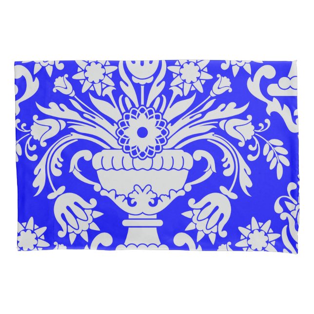 Housse D'oreillers Flore bleu et blanc Damas Élégant (devant)