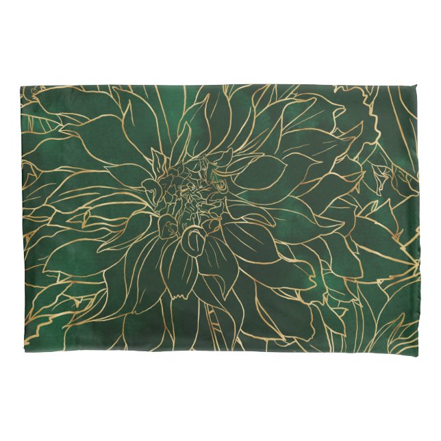 Housse D'oreillers Flore dorée et verte Dahlia (devant)