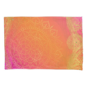 Housse D'oreillers Fuchsia Rose Orange et Or Mandala Indien Glamour