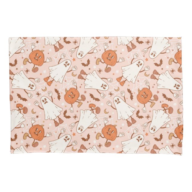 Housse D'oreillers Fun Retro Ghost & Jack-O-Lantern Motif (devant)