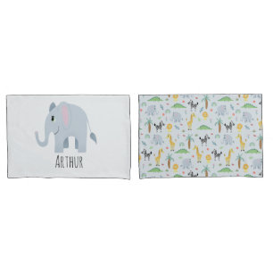 Housse D'oreillers Garçons Cute Safari Animaux Elephant Nom Enfants