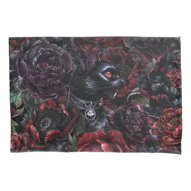 Housse D'oreillers Gothic Black Cat & Dark Flowers  (devant)