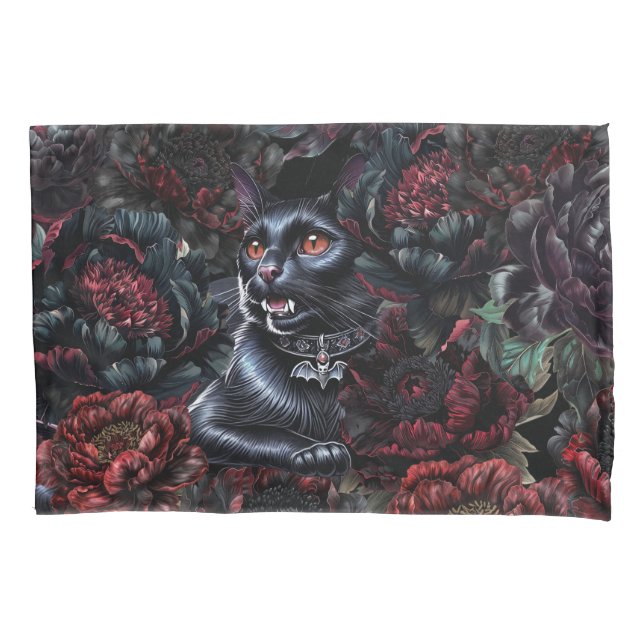 Housse D'oreillers Gothic Black Cat & Dark Flowers  (devant)