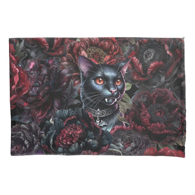 Housse D'oreillers Gothic Black Cat & Dark Flowers  (devant)