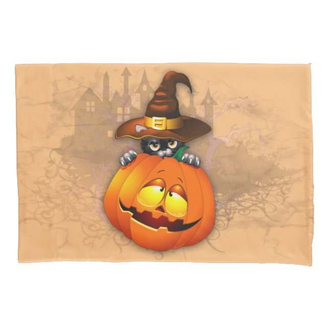 Housse D'oreillers Halloween Cute Kitty Witch et ami Citrouille (devant)