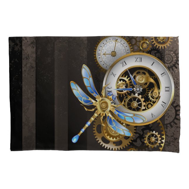 Housse D'oreillers Horloge à vapeur avec libellule mécanique (devant-gauche)