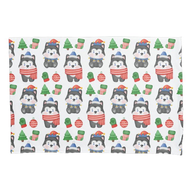 Housse D'oreillers Husky Puppy Chien Père Noël Festive Noël (devant)