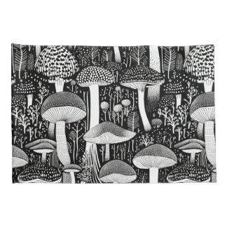 Housse D'oreillers Illustration de la forêt de champignons monochrome