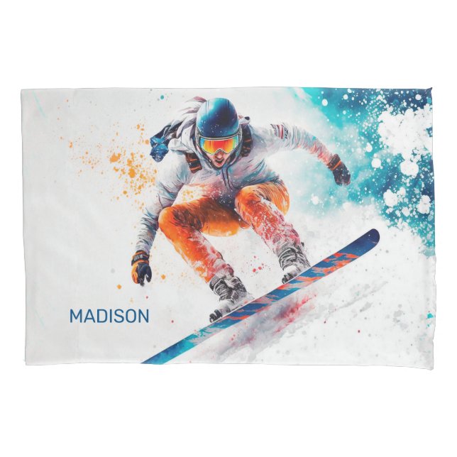 Housse D'oreillers Illustration de snowboarder de nom personnalisé (devant)