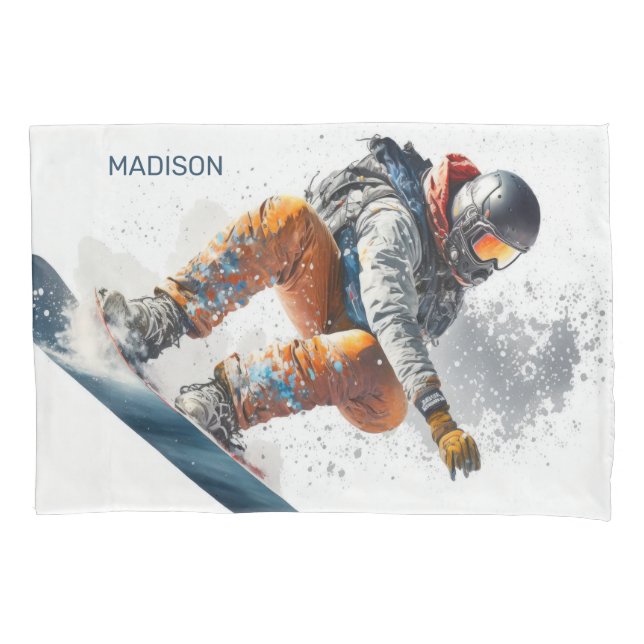 Housse D'oreillers Illustration de snowboarder de nom personnalisé (devant-gauche)