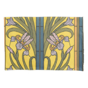 Housse D'oreillers Iris Fleur Art Nouveau Vitrail Bleu Or