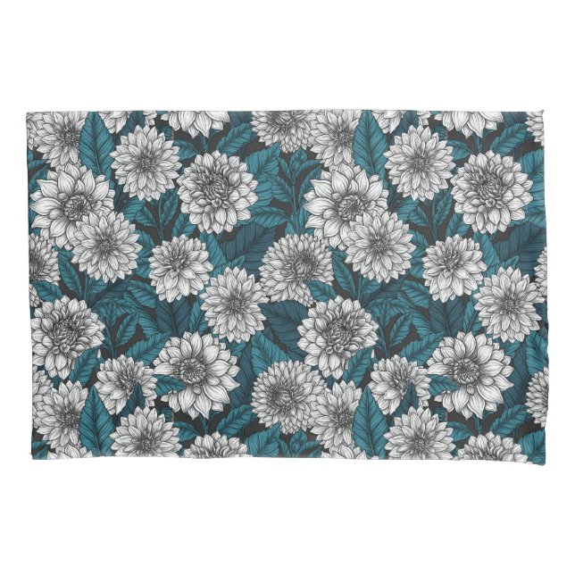 Housse D'oreillers Jardin blanc Dahlia / feuilles bleus 2 (devant-gauche)