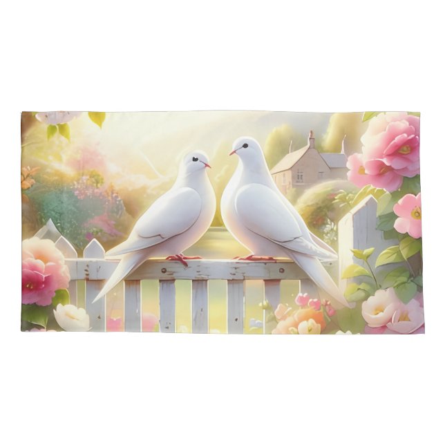 Housse D'oreillers Jardin de Cottage aux Colombes Blanches (Dos)