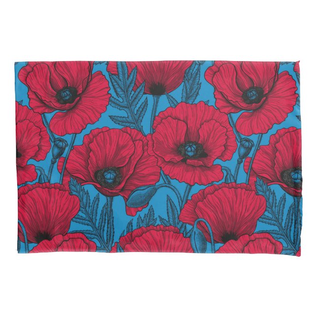 Housse D'oreillers Jardin de pavot rouge sur bleu (devant)