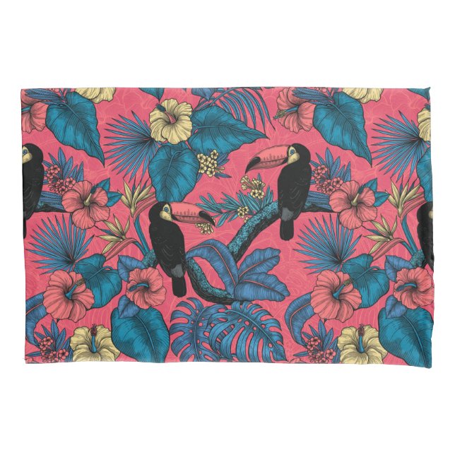 Housse D'oreillers Jardin toucan en rouge et bleu (devant)