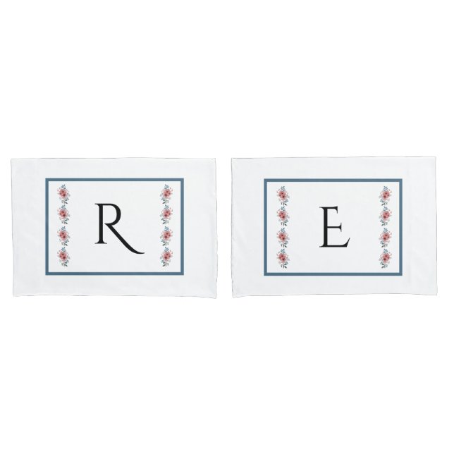 Housse D'oreillers Jeu d'oreillers Monogrammes Bleu et Rose (devant-Set)