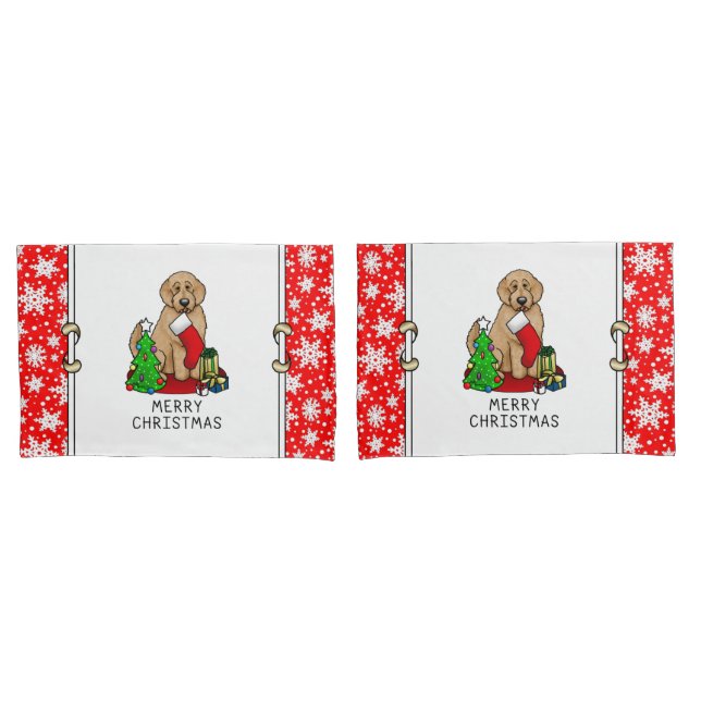 Housse D'oreillers Joyeux Noël 2 Goldendoodle (rouge doré) mignonne (devant-Set)