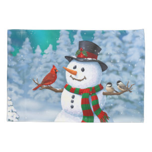 Housse D'oreillers Joyeux Noël Snowman & Birds Winter Scene