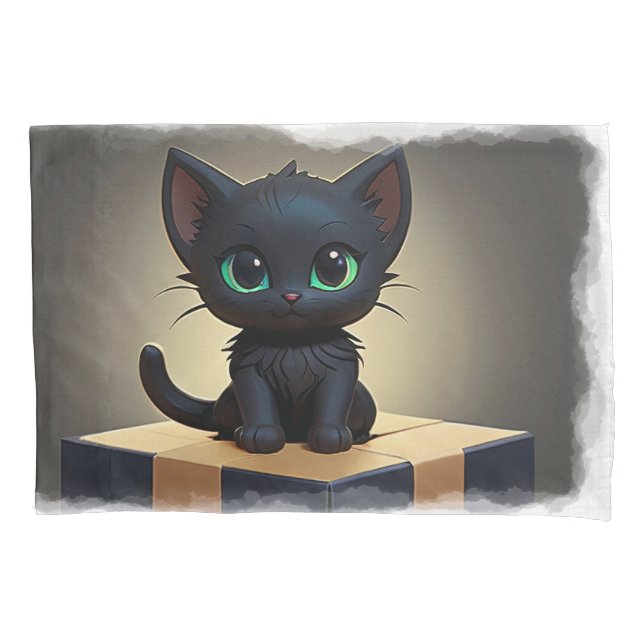 Housse D'oreillers Kitten noir sur une boîte dessin animé (devant)