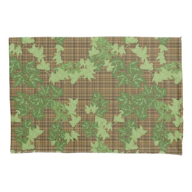 Housse D'oreillers Lierre vert doré noir brun plaid (devant-gauche)
