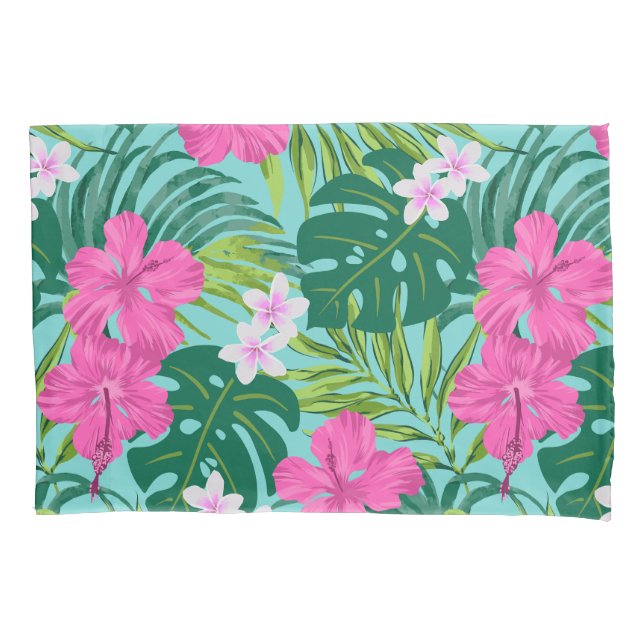 Housse D'oreillers Luna Hibiscus Garden Hawaiian - Rose et Turq (devant)