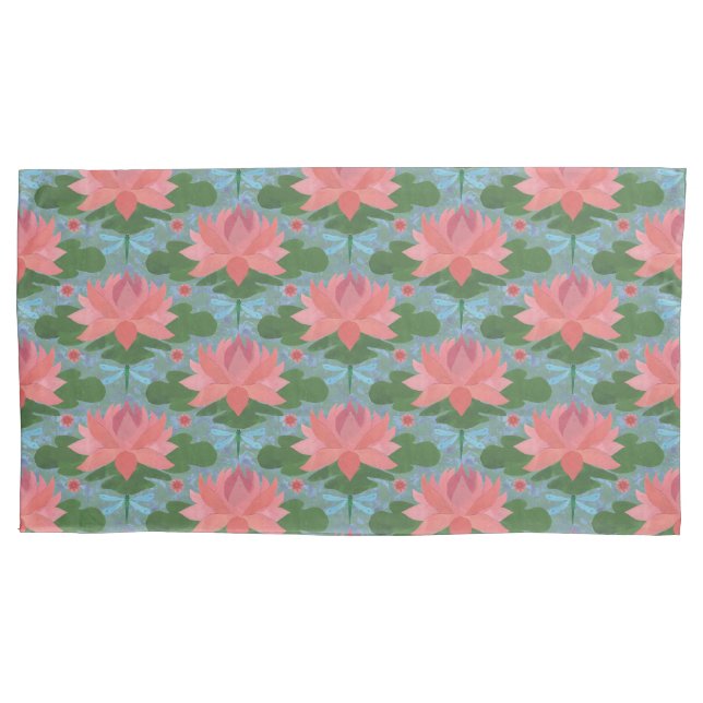 Housse D'oreillers Lys d'eau rose, libellules bleu pâle sur Blue (devant-gauche)