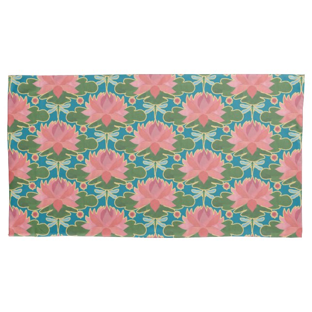 Housse D'oreillers Lys d'eau rose, libellules bleues, sur Turquoise (devant-gauche)