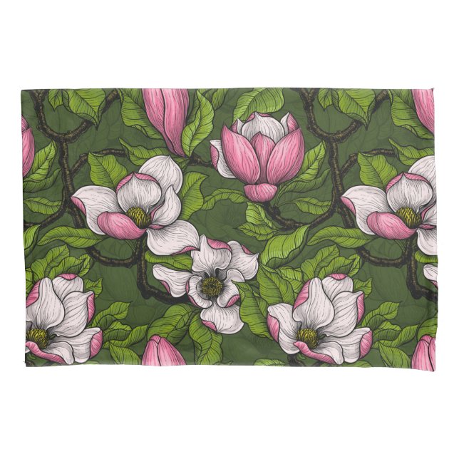 Housse D'oreillers Magnolia en floraison sur vert foncé (devant)