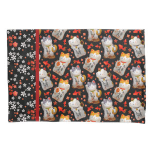 Housse D'oreillers Maneki Neko Japonais agitant Lucky Chat avec Koi