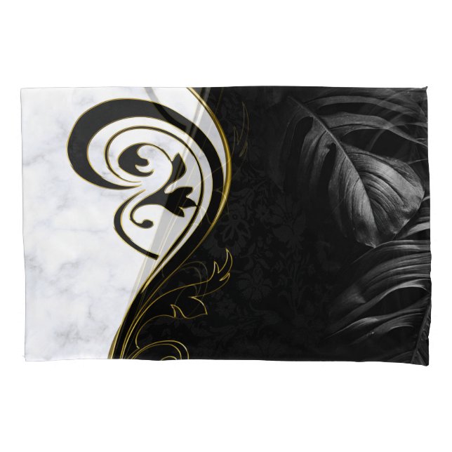 Housse D'oreillers Marbre blanc, Noir, Filigree Or Graphique (devant)