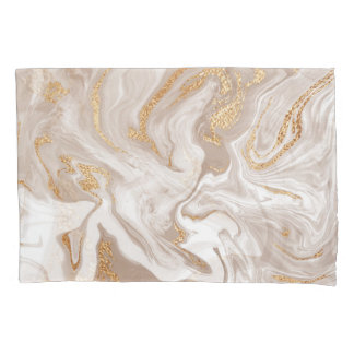 Housse D'oreillers Marbre liquide beige, art de la ligne dorée.