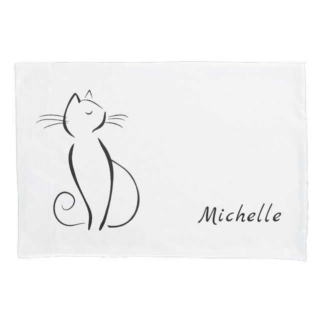 Housse D'oreillers Mini chat noir sur blanc nom d'ajout (devant)